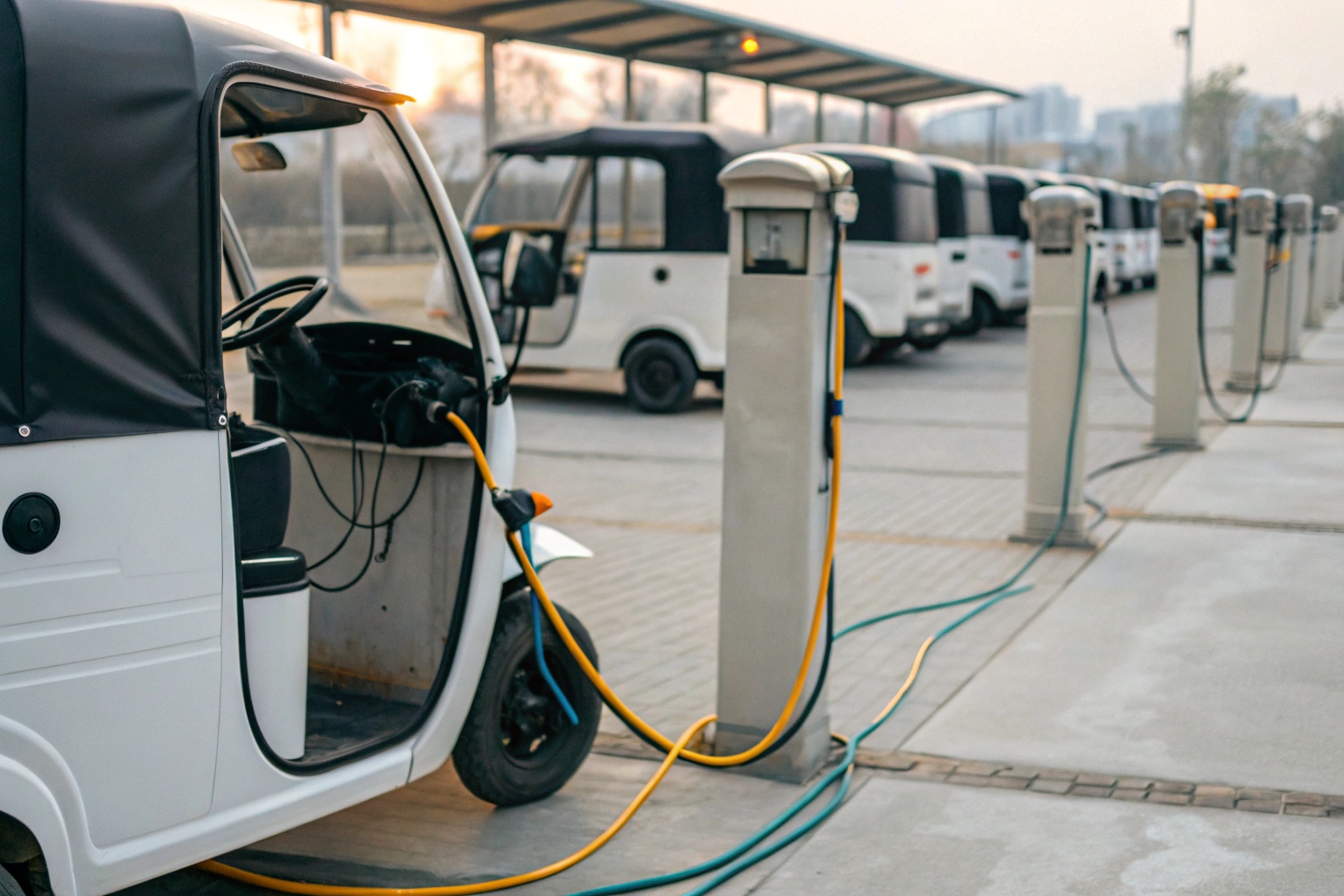 An electric tuk-tuk charging from a wall outlet next to a spare battery charging on a shelf