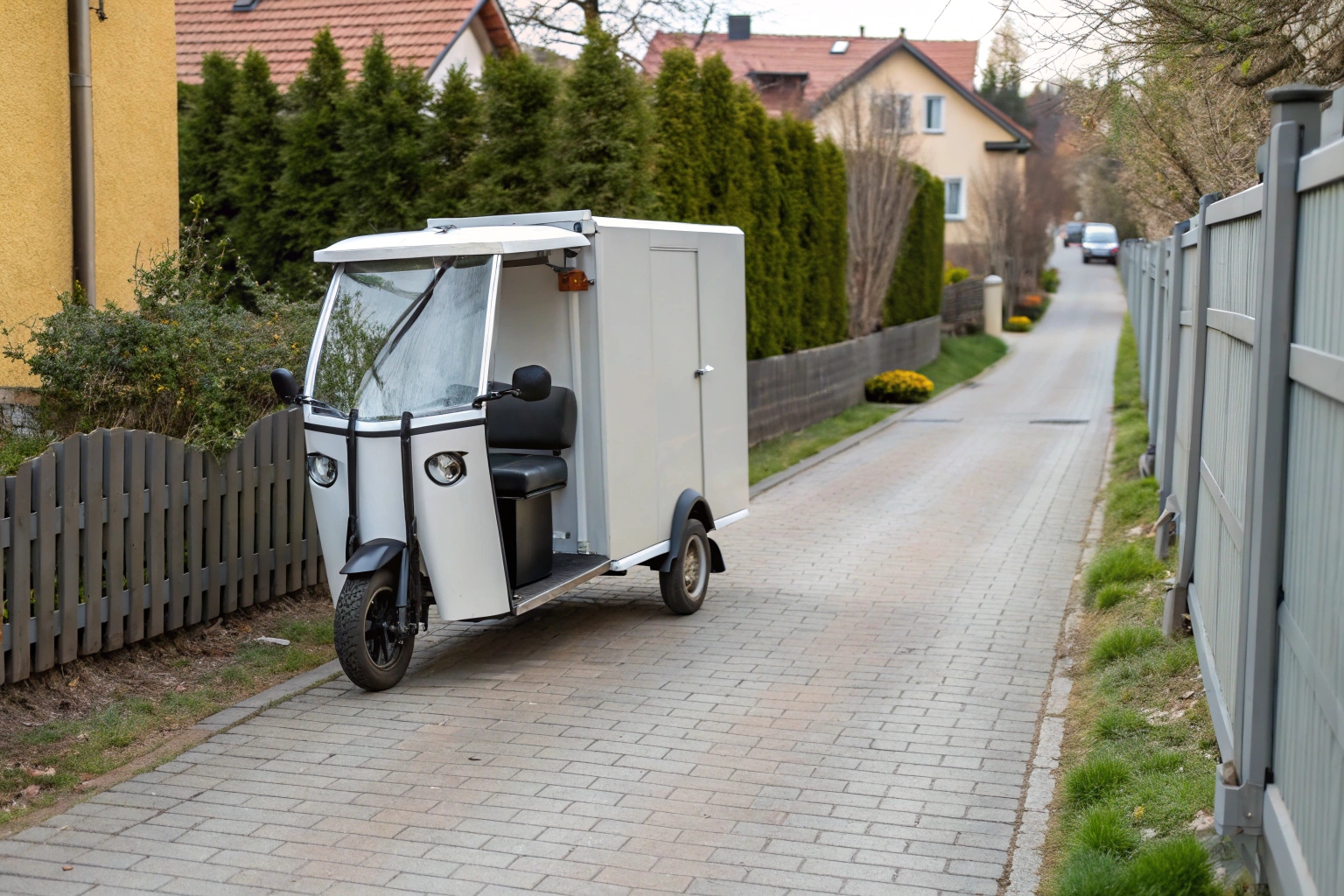 An electric garbage trike quietly collecting waste in a narrow lane of a modern gated community