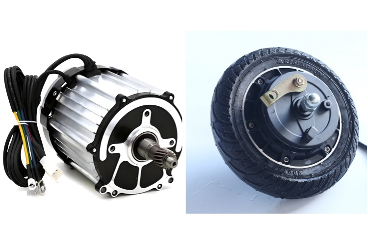 A cutaway view showing a rear-hub motor and a mid-drive motor on an electric cargo rickshaw chassis