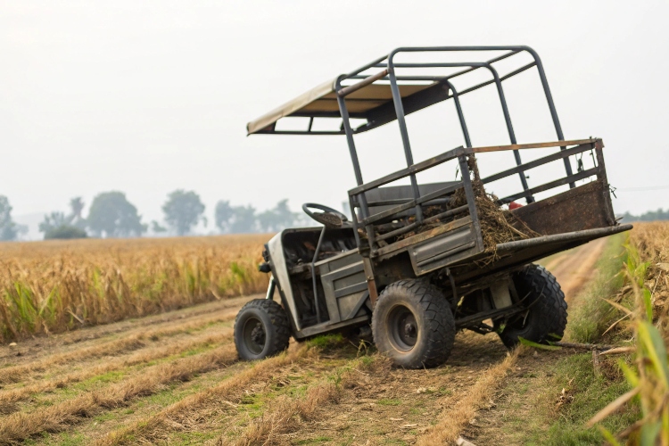 A durable electric farm cargo rickshaw parked in a field, ready for work