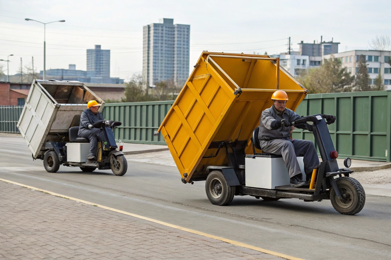 A sanitation worker effortlessly using a button to operate the hydraulic dump on an electric trike