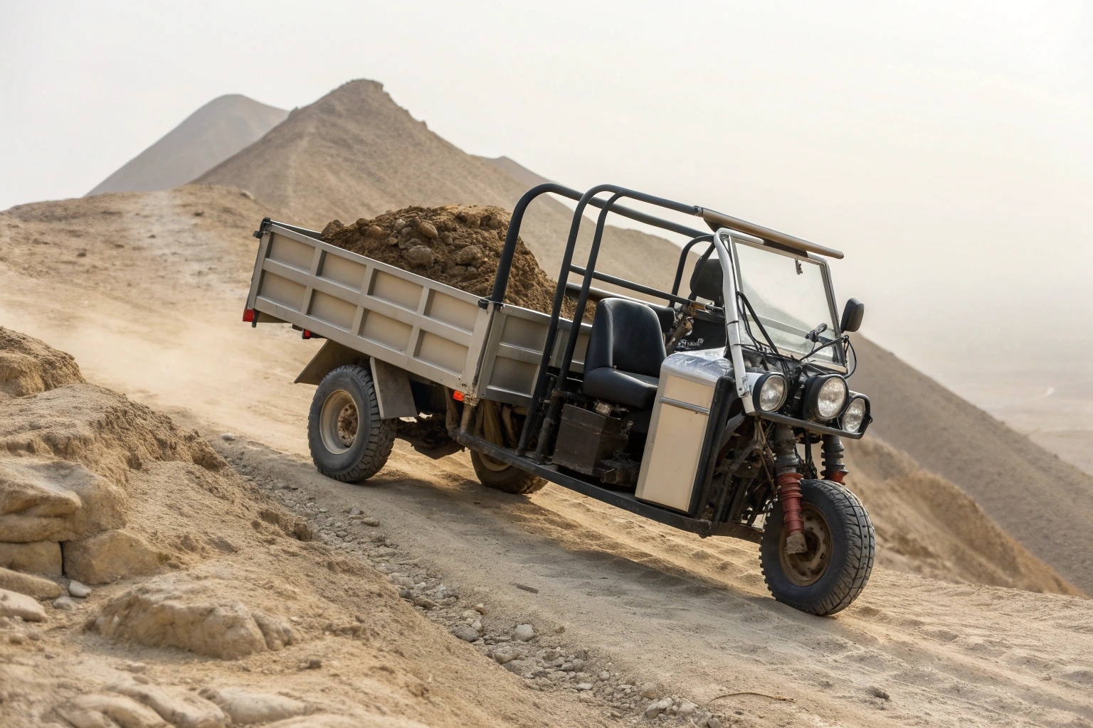 An electric farm rickshaw confidently climbing a steep dirt hill with a full load of produce