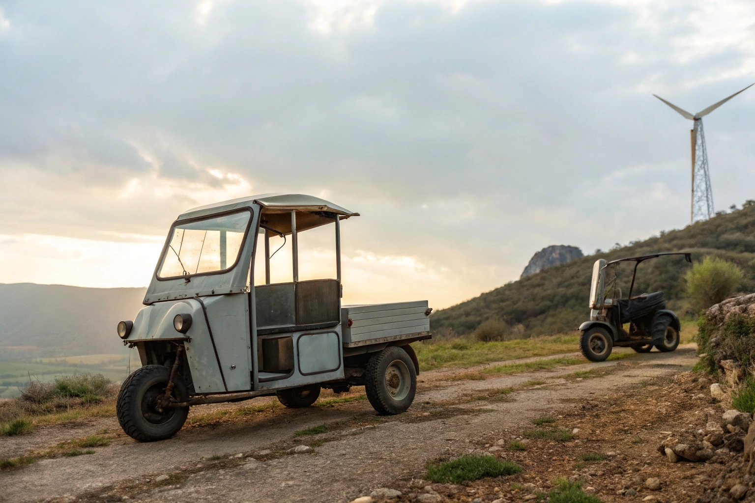 An electric agriculture tricycle loaded with produce in a field with solar panels in the background