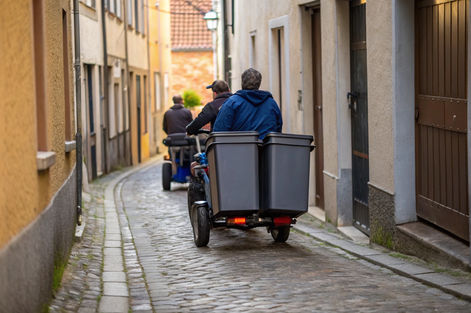 An electric garbage tricycle easily making a U-turn in a tight residential driveway