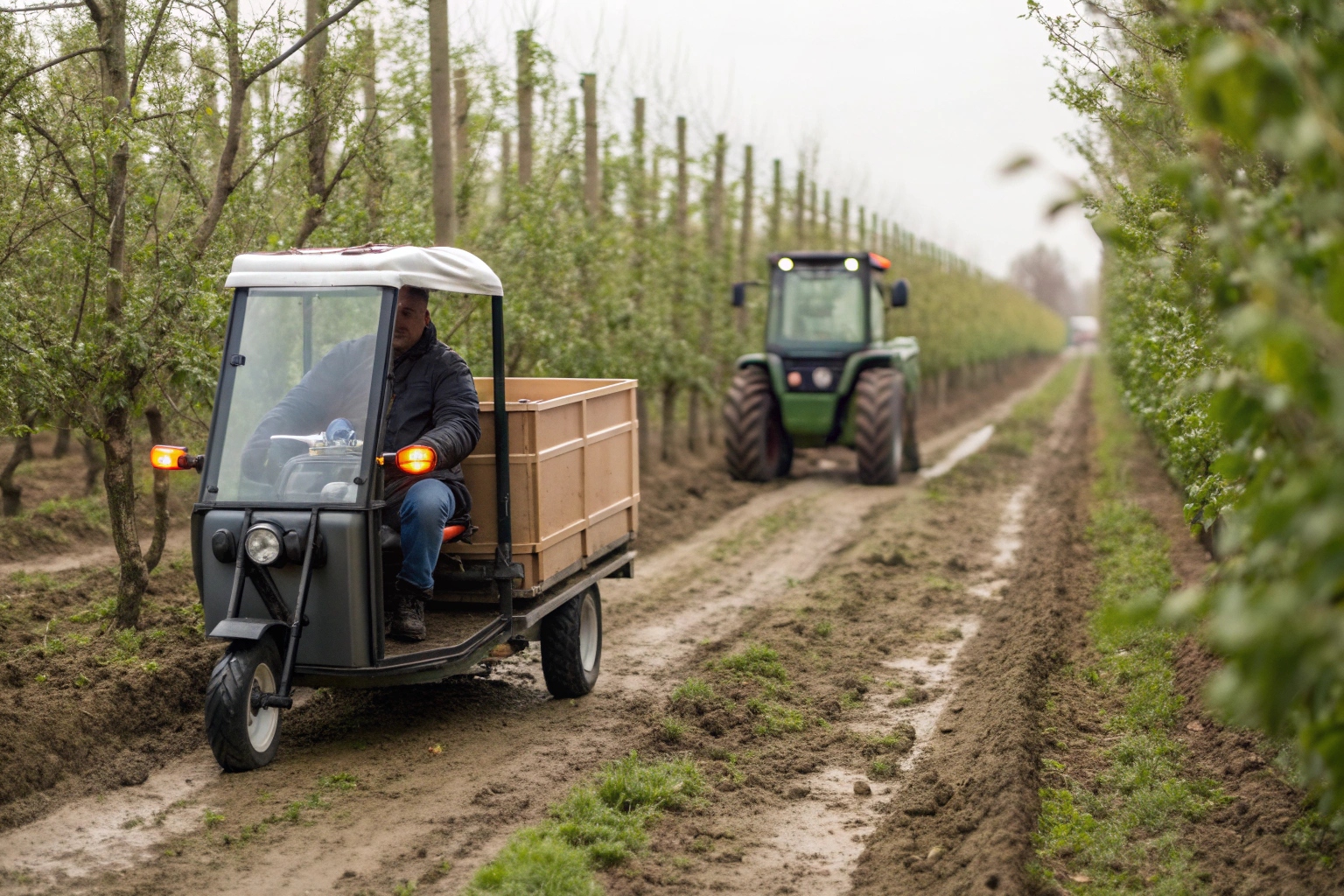 An electric farm tricycle navigating a narrow path between rows of crops