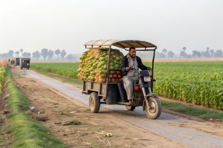 A close-up view of a farmer checking the tire pressure on their cargo rickshaw