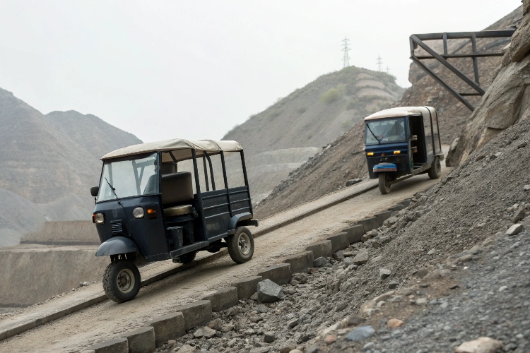 A split image showing a gasoline truck hauling huge sacks of material and an electric truck delivering boxes in a city