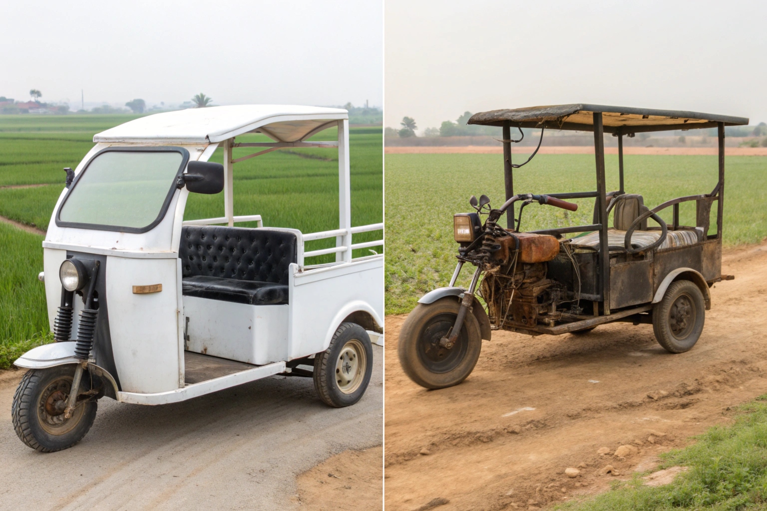 A simple chart comparing the significantly lower annual running costs of an electric farm rickshaw versus a fuel-powered one