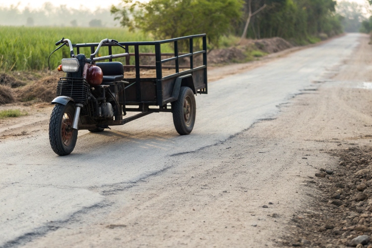 An electric pickup carrying a moderate load, showing slight flex in the suspension