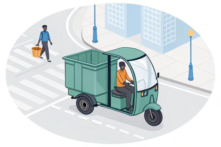 A sanitation tricycle easily maneuvering in a narrow alleyway