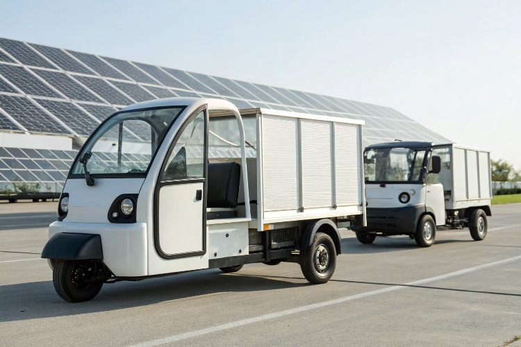 A piggy bank growing larger next to an electric truck, symbolizing long-term value and ROI