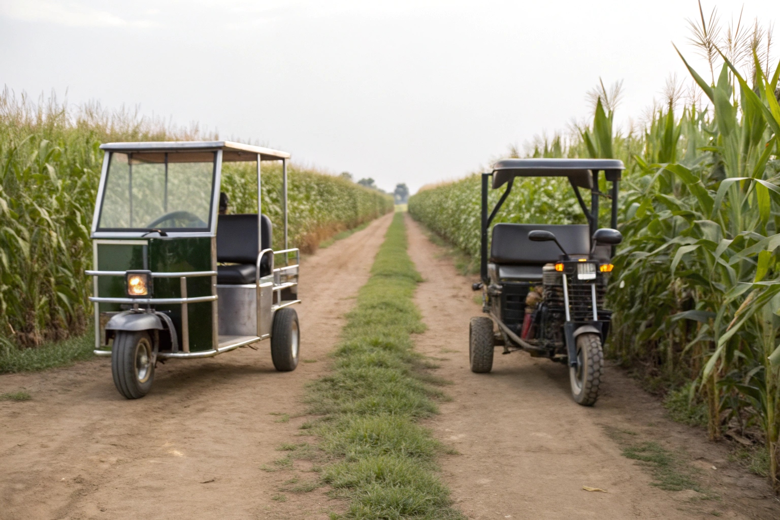 An electric farm rickshaw and a fuel-powered one side-by-side in a field, ready for work