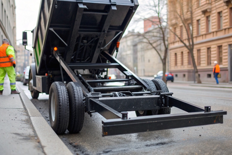 A detailed view of a sanitation tricycle's hydraulic dump mechanism and reinforced chassis