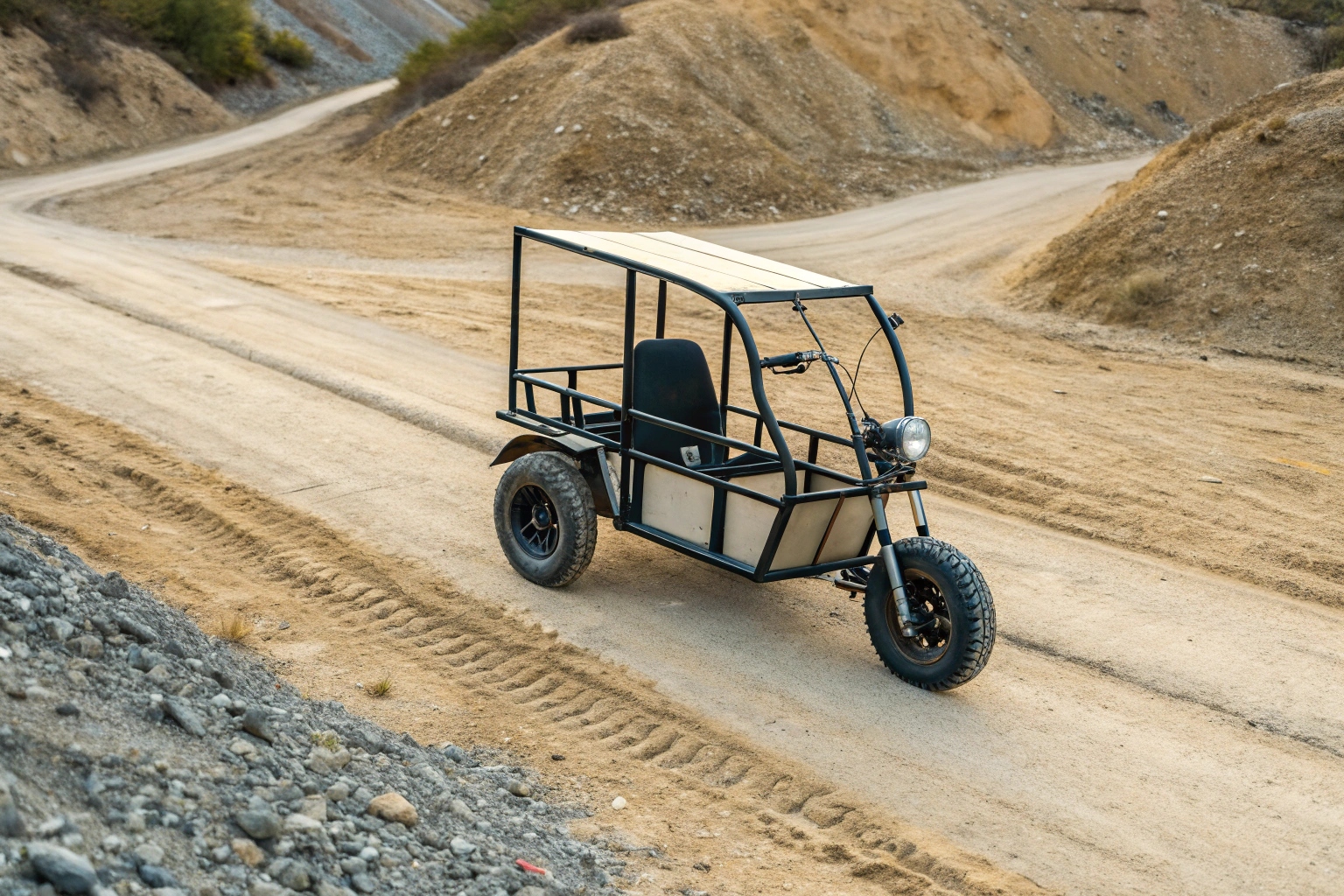 An electric cargo truck tricycle navigating a bumpy, unpaved rural road