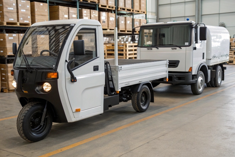 An electric 3-wheel motorcycle truck and a gasoline one side-by-side in a commercial setting