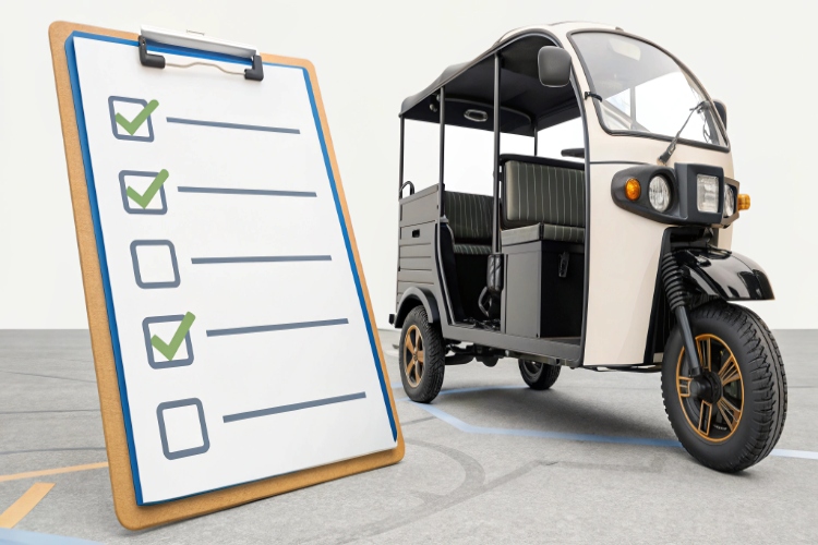A mechanic with a clipboard inspecting a line of electric tuk-tuks in a warehouse