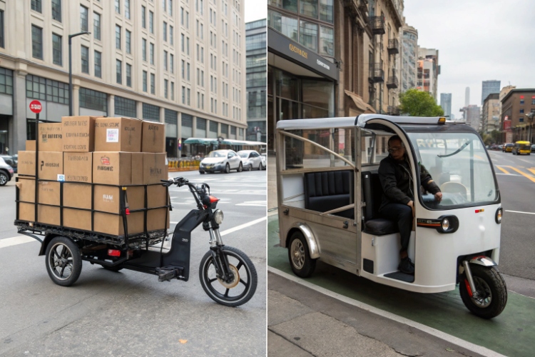 An electric cargo rickshaw parked next to an electric cargo bike, ready for deliveries
