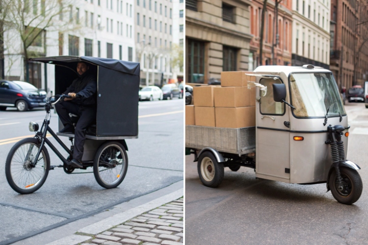 An electric cargo rickshaw loaded with many boxes, showing its high capacity and stability