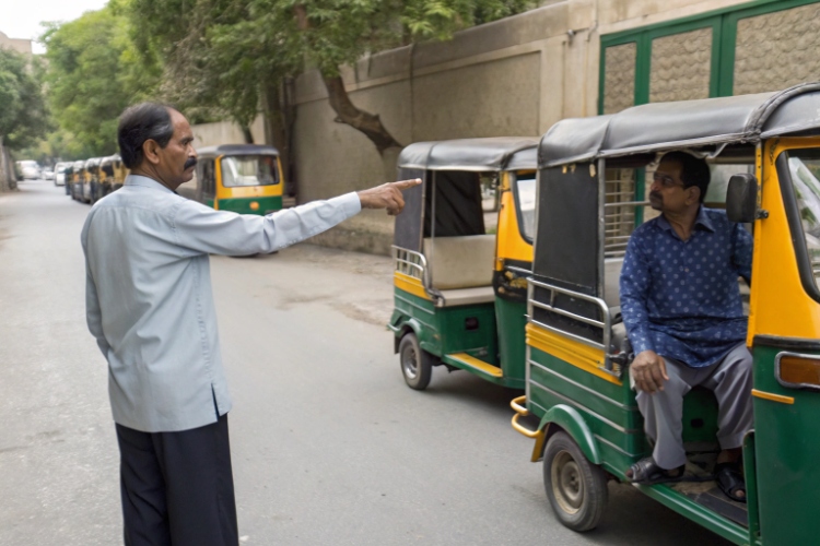 A fleet manager instructing drivers on the proper way to load a cargo tricycle