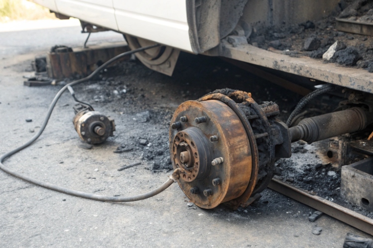 A close-up of an electric tricycle's rear axle and motor assembly