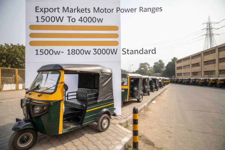 A lineup of different electric rickshaw taxis with their motor power ratings displayed