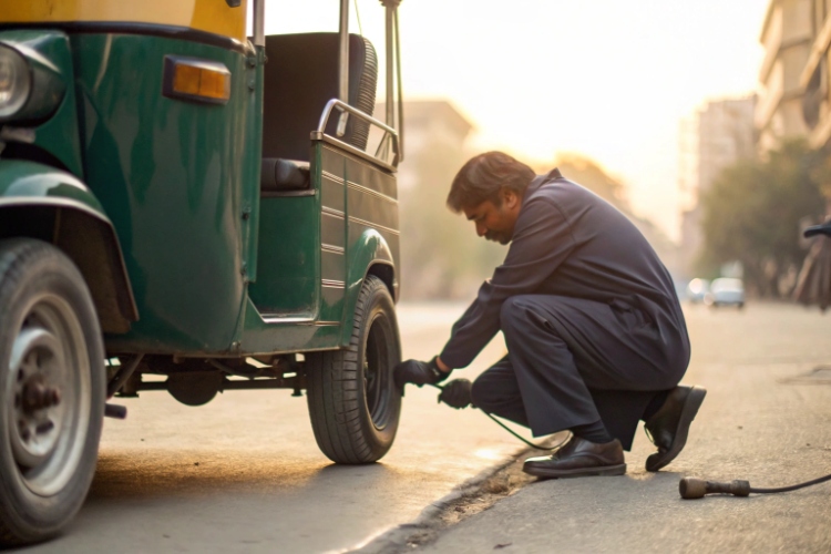 A driver checking the tire pressure on a cargo e-rickshaw before starting their day