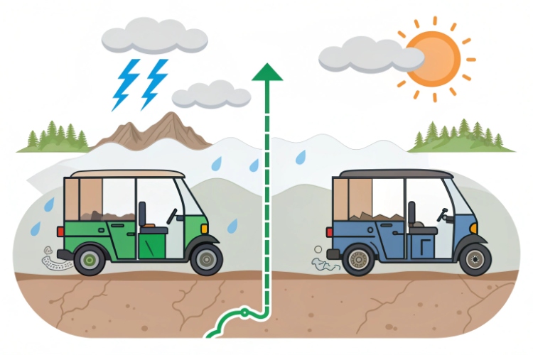An infographic showing factors affecting battery life: sun, weight icon, charging plug, and a hill