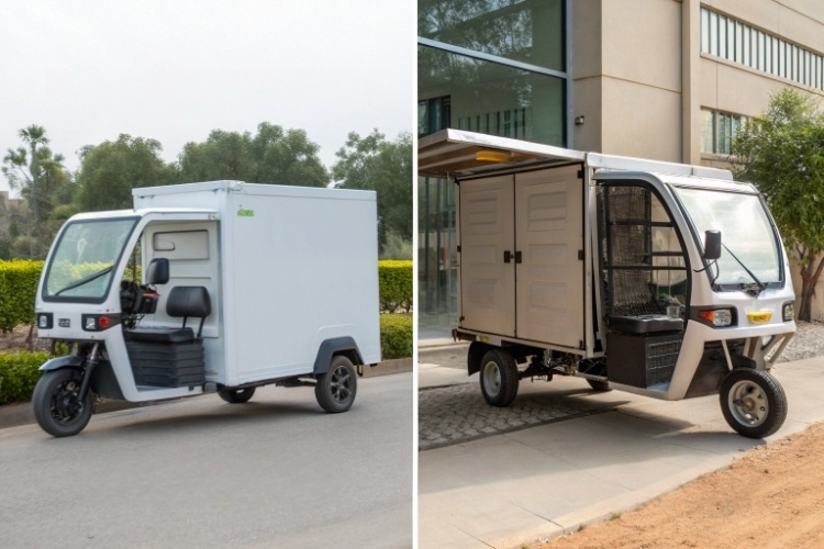 A close-up of the large, accessible battery compartment underneath an electric cargo rickshaw