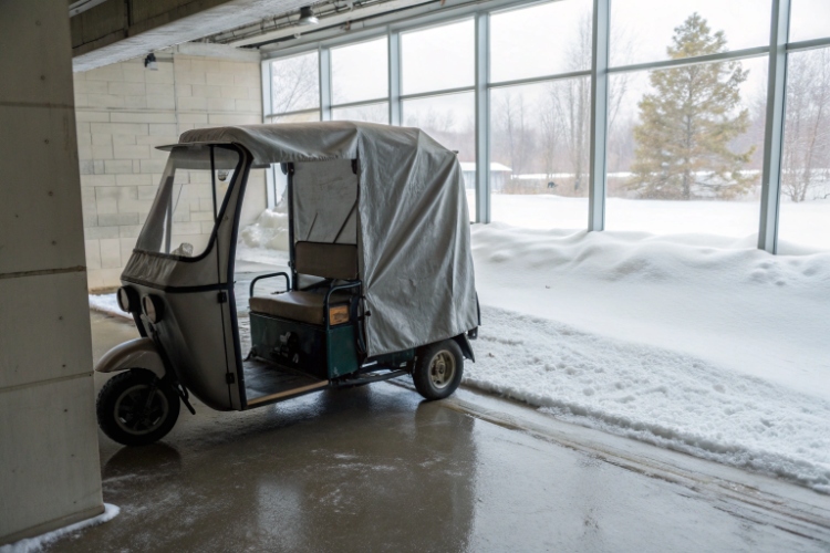 An electric rickshaw covered in a light layer of snow parked in a garage