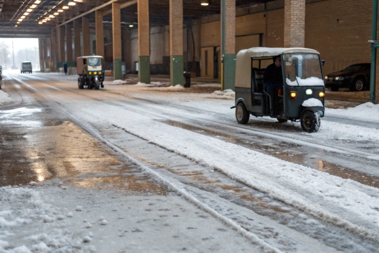 A close-up of a rusty brake cable and a tire pressure gauge on an electric trike wheel