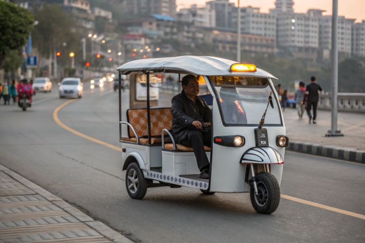A close-up of a powerful electric motor on the rear axle of an electric rickshaw taxi