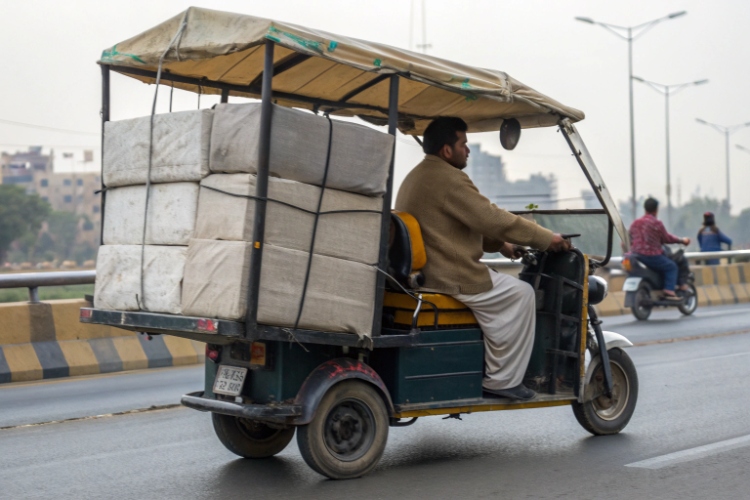 A heavily loaded electric cargo rickshaw parked on a street
