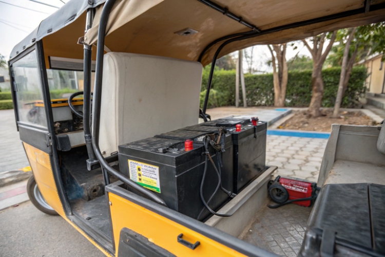An electric cargo rickshaw plugged in to charge, with a battery icon overlay