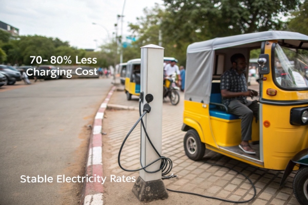 An electric tuk-tuk plugged into a charging station next to a gasoline pump