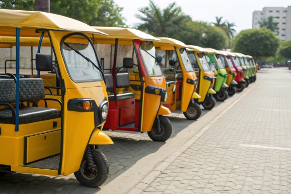 Electric tuk-tuk taxi fleet charging in a row