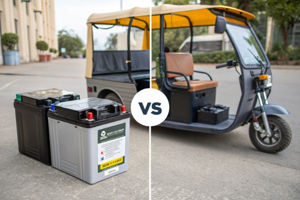A side-by-side comparison of a modern lithium-ion battery and an old lead-acid battery