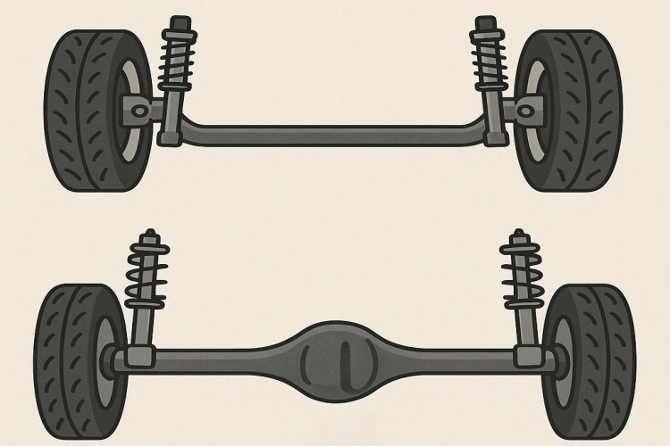 A close-up of a rugged solid rear axle on a passenger electric tuk tuk