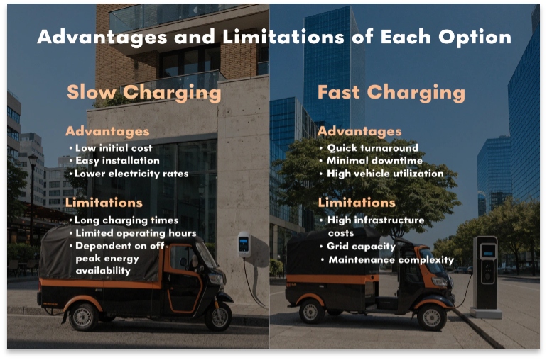 business owner evaluating pros and cons of electric tuk tuk charging
