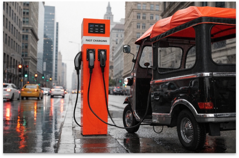 fast charging station connected to an electric tuk tuk