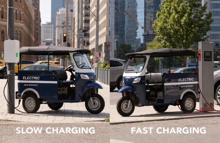 mechanic inspecting a battery charger for an electric tuk tuk