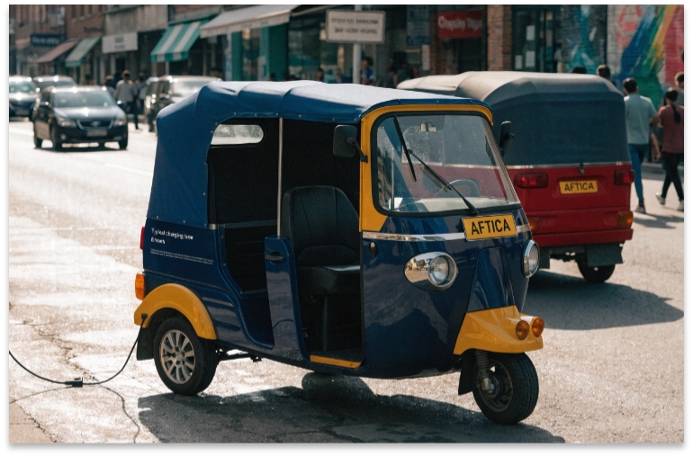 electric passenger tricycle plugged in at a fleet depot overnight