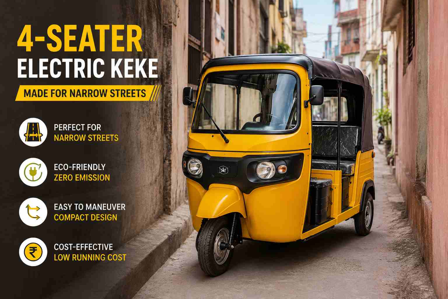 4-Seater Electric Keke Narrow Streets 4-seater passenger electric keke in a narrow city street