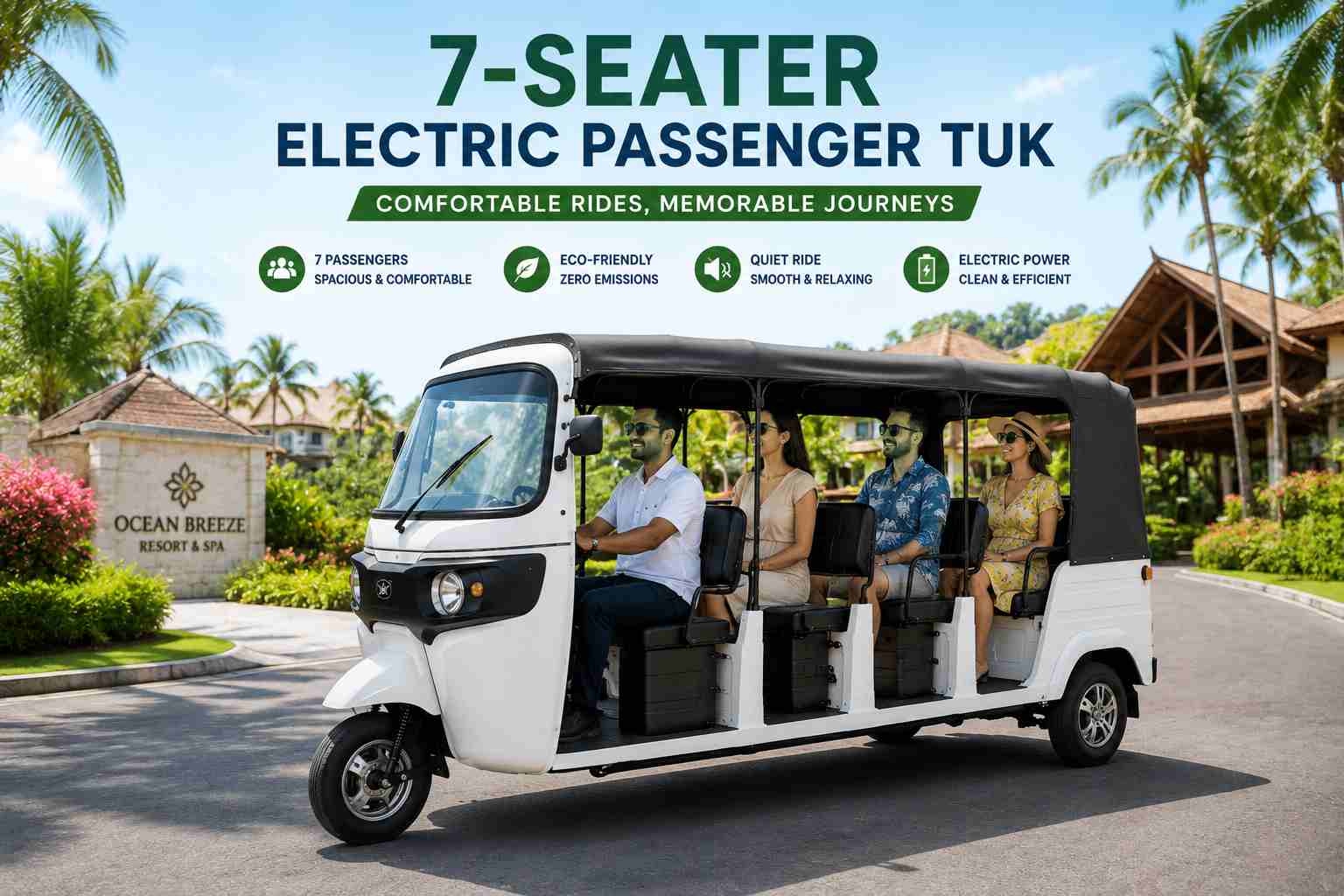 7-Seater Electric Keke Tourism 7-seater electric passenger tuk with tourists on a wide road