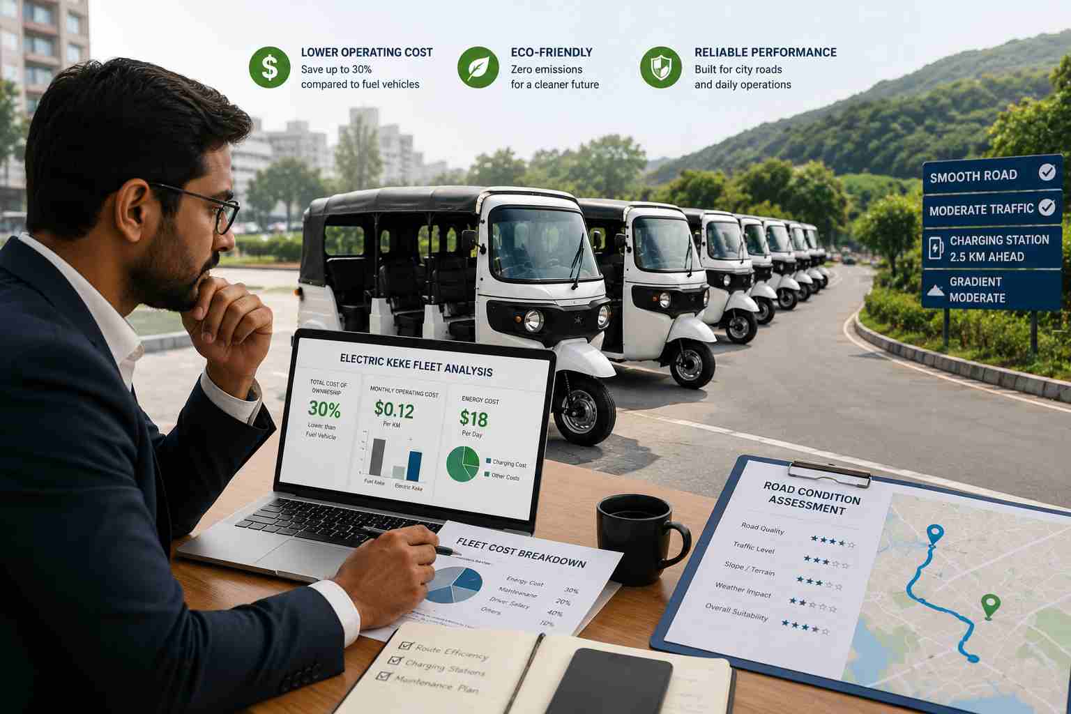 Analyzing Fleet Operating Costs businessman analyzing fleet costs and road conditions
