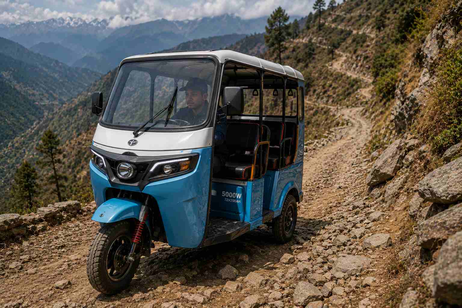 Mountain Road Electric Keke electric passenger tricycle climbing a steep mountain road