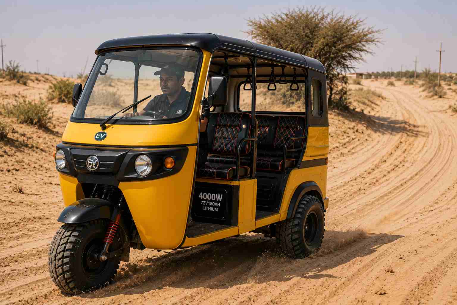 Sandy Road Electric Keke electric passenger tricycle driving on sandy desert road
