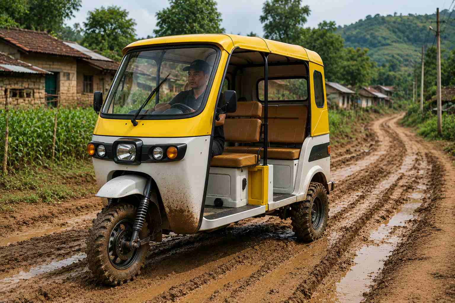 Flooded Road Electric Keke electric passenger tricycle driving through muddy flooded street